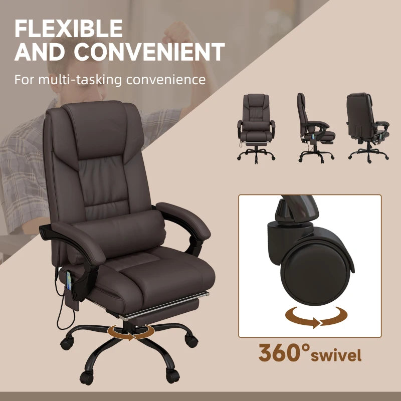 Vinsetto 6-Point Massage Office Chair - Adjustable PU Leather Desk Chair with Footrest for Home Office, Brown