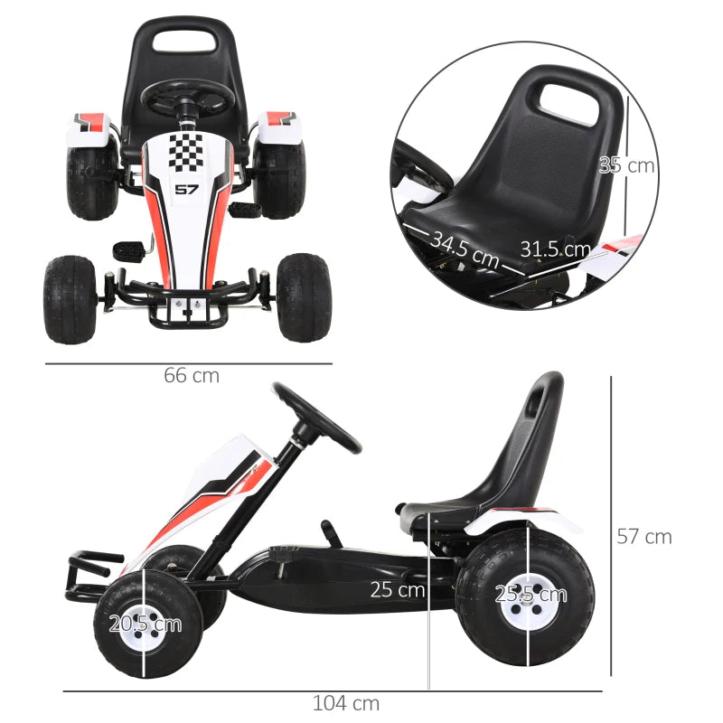 Kids Pedal Go Kart - Manual Ride On Car with Brake, Gears, Adjustable Seat, 4 Smooth Wheels, Racing-Style White 104x66x57 cm
