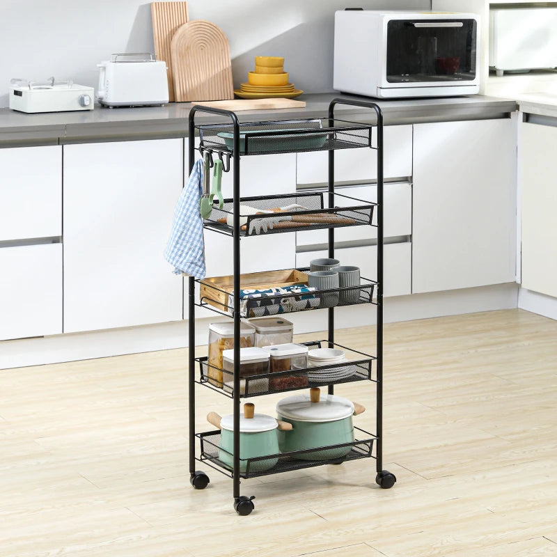 Five-Steel Mesh Storage Trolley with Wheels - Black Basket Organizer for Home, Office, and Kitchen