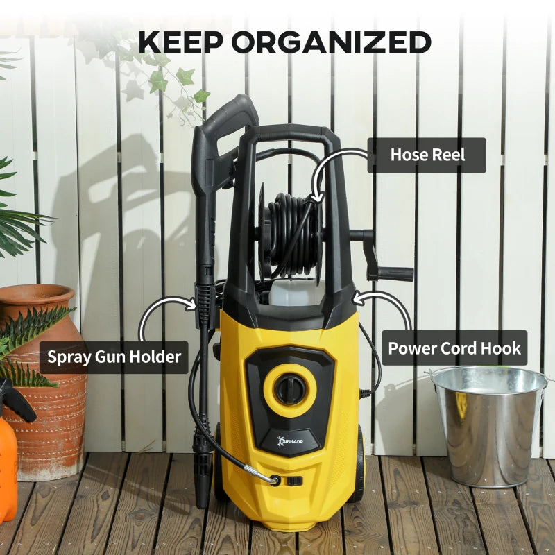 1800W High Pressure Washer - 150 Bar, 510 L/h Flow, Portable Jet Wash Cleaner with 6M Hose & Reel for Garden, Car, Furniture - Yellow
