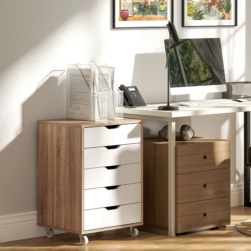 Vinsetto Oak Brown Five-Drawer Filing Cabinet on Wheels - Stylish Storage Solution for Home Office & Workspace
