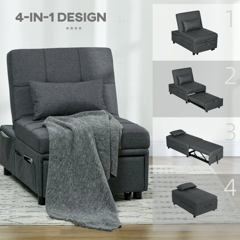 4-in-1 Convertible Chair Bed with Adjustable Backrest, Side Pocket, Wheels and Pillow for Living Room, Grey
