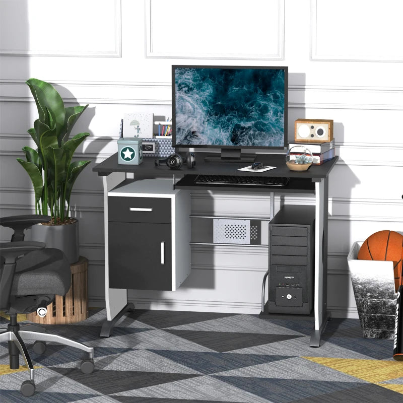 Black Computer Desk with Sliding Keyboard Tray, Storage Drawers & Host Box Shelf - Home Office Study Workstation 100x52x75cm