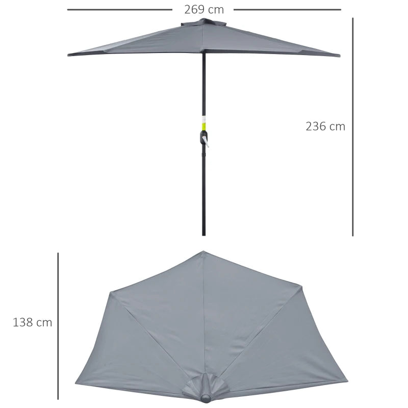 Grey 2.7m Half Garden Parasol with 5 Steel Ribs