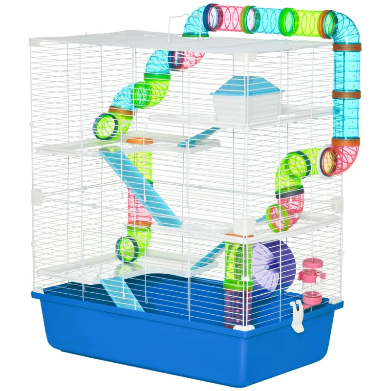 5-Tier Hamster Cage with Tube, Water Bottle, Exercise Wheel & Food Dish - Blue, 59L x 36W x 69H cm