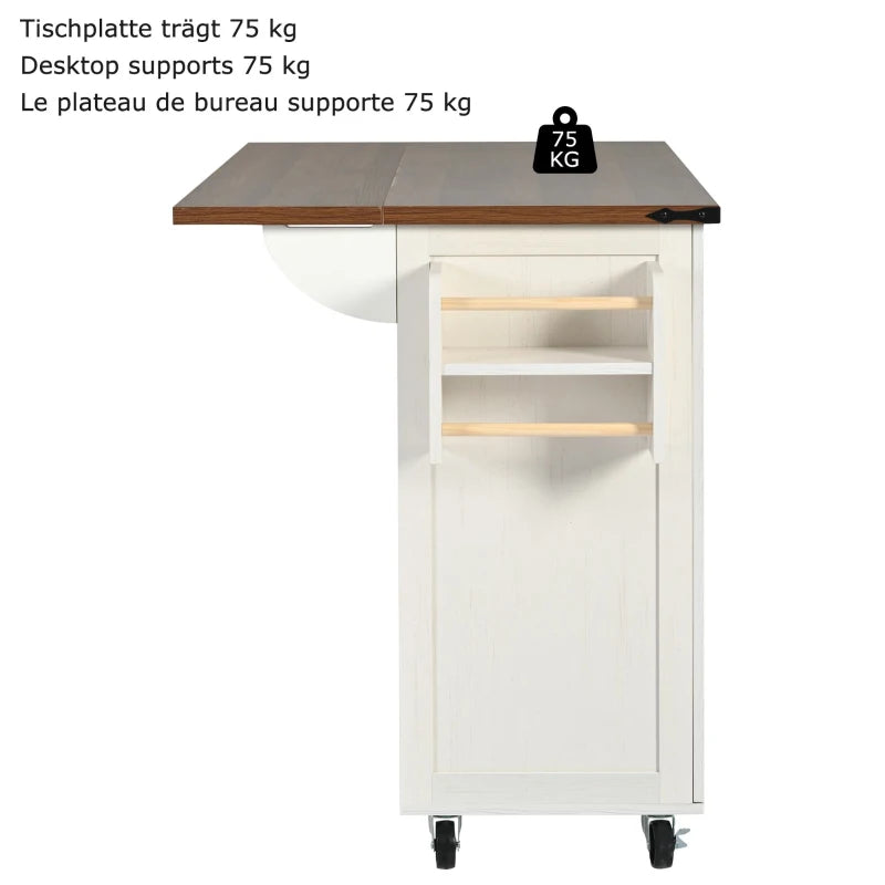 Elegant White Kitchen Island with Extendable Worktop & Smooth Wheels, Ample Storage Serving Cart, 140L x 45W x 92.5H cm
