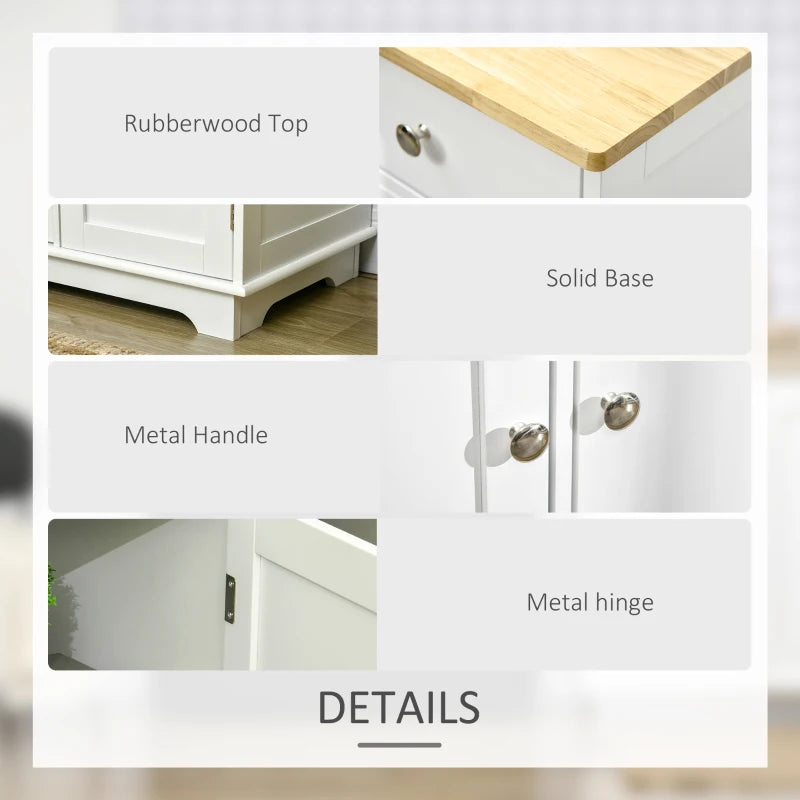 Modern White Sideboard with Rubber Wood Top Storage Cabinet for Dining Room and Living Room 3 Doors 3 Drawers and Adjustable Shelves