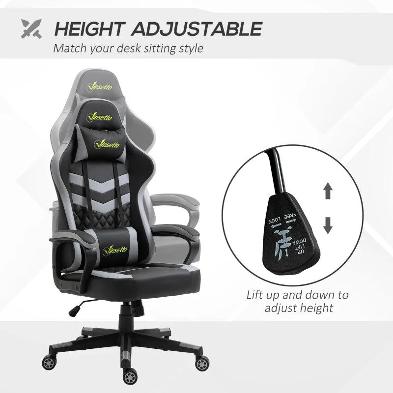 Vinsetto Gaming Chair - Ergonomic Computer Desk Chair with Lumbar Support, Faux Leather, Headrest & Swivel Wheels - Black Grey