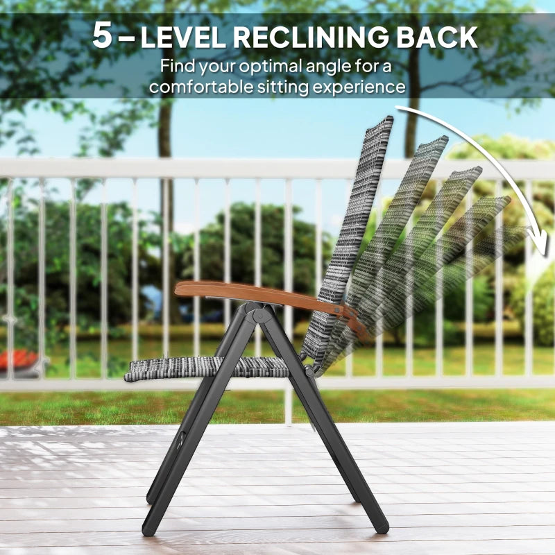 Folding Rattan Garden Dining Chair - 5-Level Reclining High Back, Wood Armrests, Outdoor Patio Furniture - Light Grey
