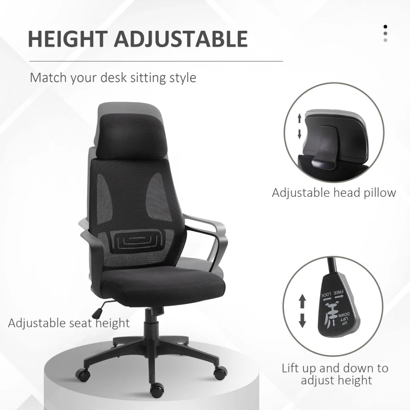 High Back Office Chair with Headrest Adjustable Height Ergonomic Mesh Design for Home and Office Black