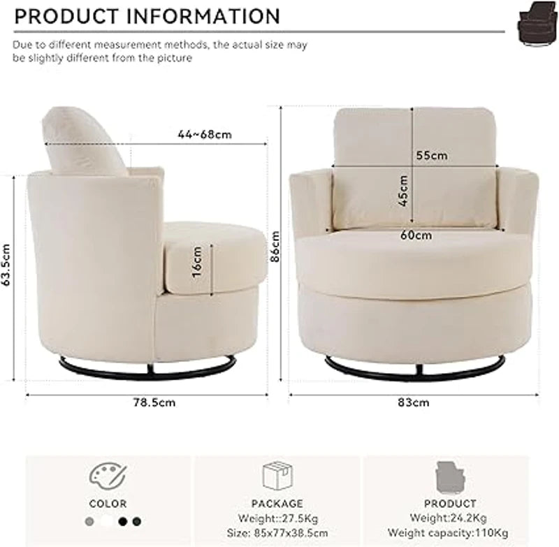 Comfortable Swivel Recliner with Back Cushion and Thick Foam Pad, 360° Rotation, 78.5x83x86 cm, White