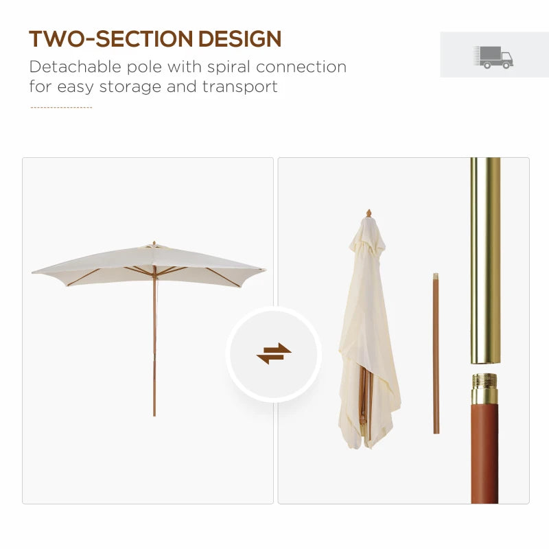 Wooden Garden Parasol Umbrella - Cream White, 2 x 3m