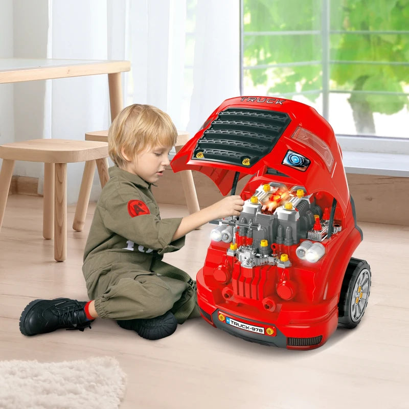 Kids Truck Engine Toy Set Educational Car Service Station Playset Take Apart Workshop with RC Car Key Steering Wheel Horn Light for Toddlers Ages 3 to 5 Red