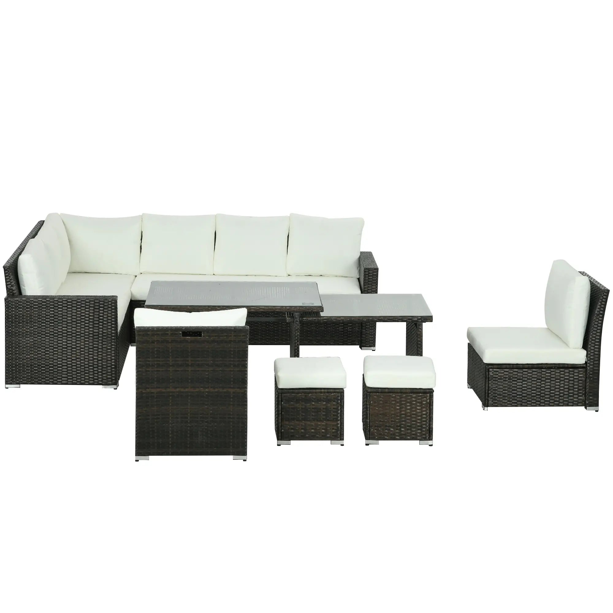 10 Seater Mixed Brown Rattan Corner Sofa - Cream Cushions