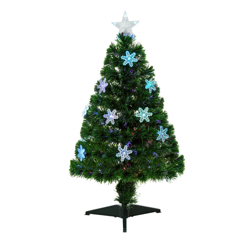 3FT Green Fibre Optic Christmas Tree with Colorful LED Lights & Snowflake Ornaments - Fireproof Artificial Xmas Decor