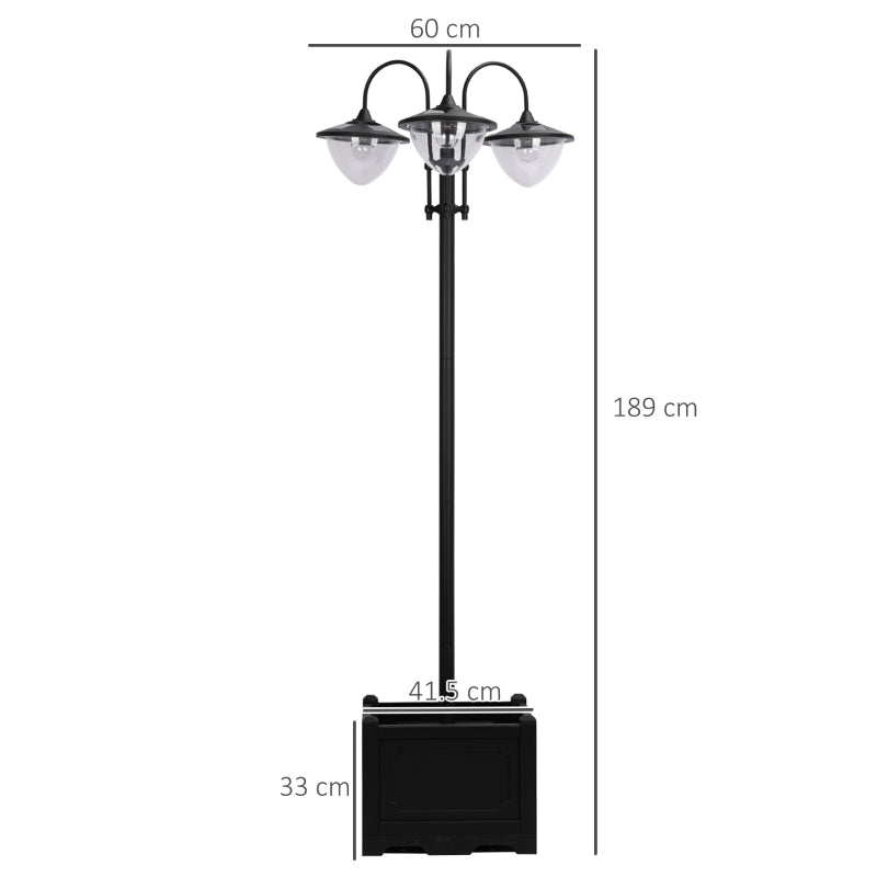 189cm 3-Head Solar Lamp Post with Planter Automatic On 6 Hour Max Outdoor LED Street Light Black