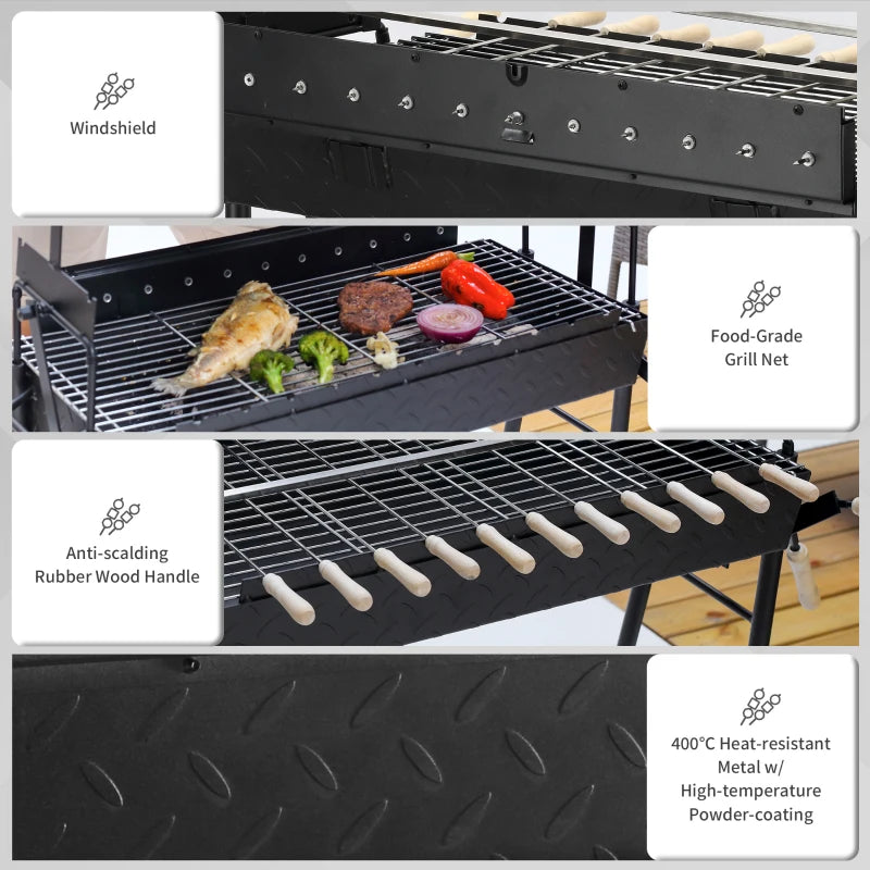 Portable Charcoal BBQ Grill with 4 Wheels - Black (85x36x90cm)