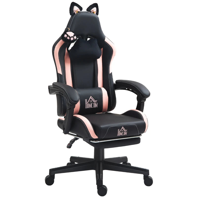 Cat Ear & Paw Reclining Office Chair with Footrest - Stylish Black & Pink Gaming Chair for Cat Lovers