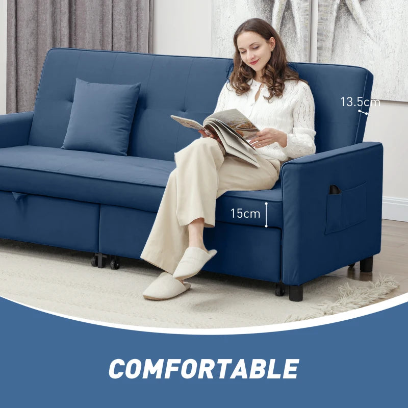 Three-Person Velvet Sofa Bed in Blue - Stylish and Comfortable Seating Solution