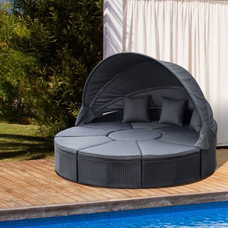 Black Rattan Outdoor Daybed Set with Canopy & Coffee Table