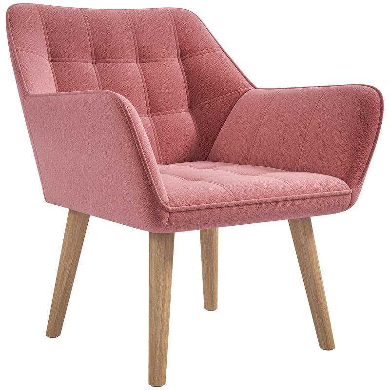 Stylish Pink Accent Chair with Wide Arms, Slanted Back, Thick Padding and Rubber Wood Legs for Living Room