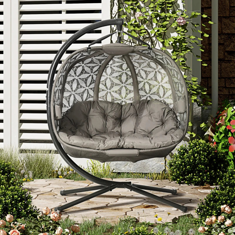 Sand Brown Double Hanging Swing Chair with Metal Stand and Padded Cushion