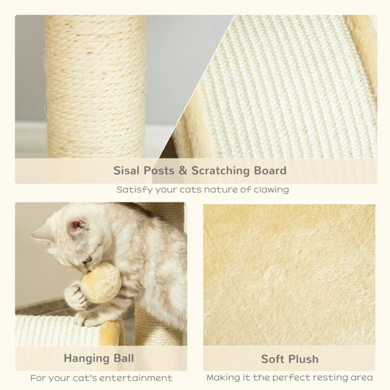 Beige Cat Tree Scratching Post - Kitten Activity Centre with Climber & Hanging Ball - Durable Cat Furniture