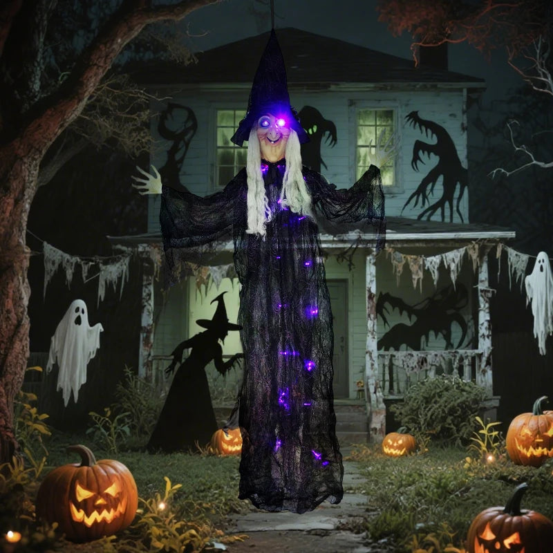 183 cm Life Size Animated Hanging Witch with Glowing LED Eyes - Spooky Halloween Decoration, Battery Operated Indoor Party Prop