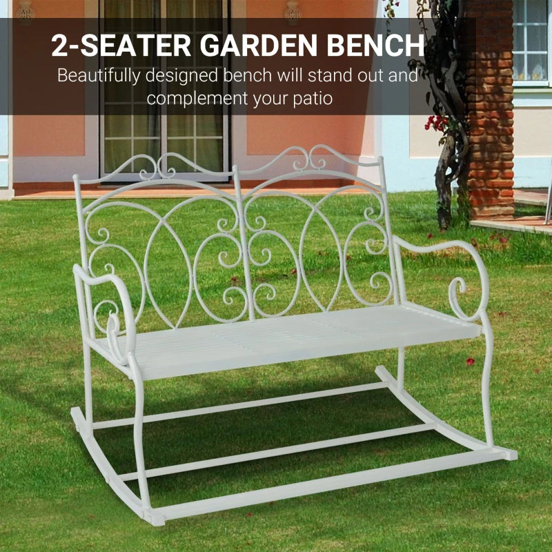 White Steel Rocking Loveseat Bench for Outdoor Gardens - 2 Seater