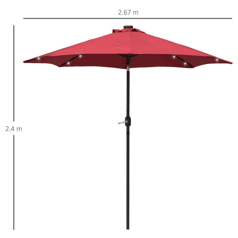 Red 2.7m Patio Garden Umbrella with Tilt Crank and LED Lights