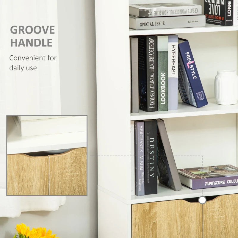 6-Tier Tall Bookcase with 4 Open Shelves & Double Door Storage Cabinet - Freestanding Display Rack for Living Room, Bedroom, Home Office - White & Oak