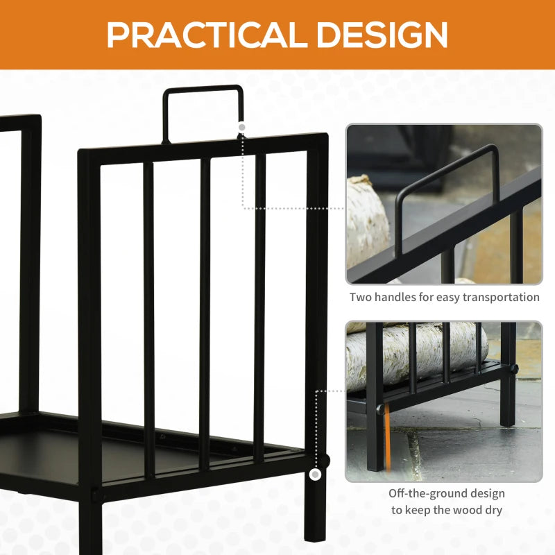 Metal Firewood Log Holder Rack - Indoor Outdoor Fireplace Wood Storage Shelf, Rust-Resistant, Black, 39L x 32.5W x 46H cm