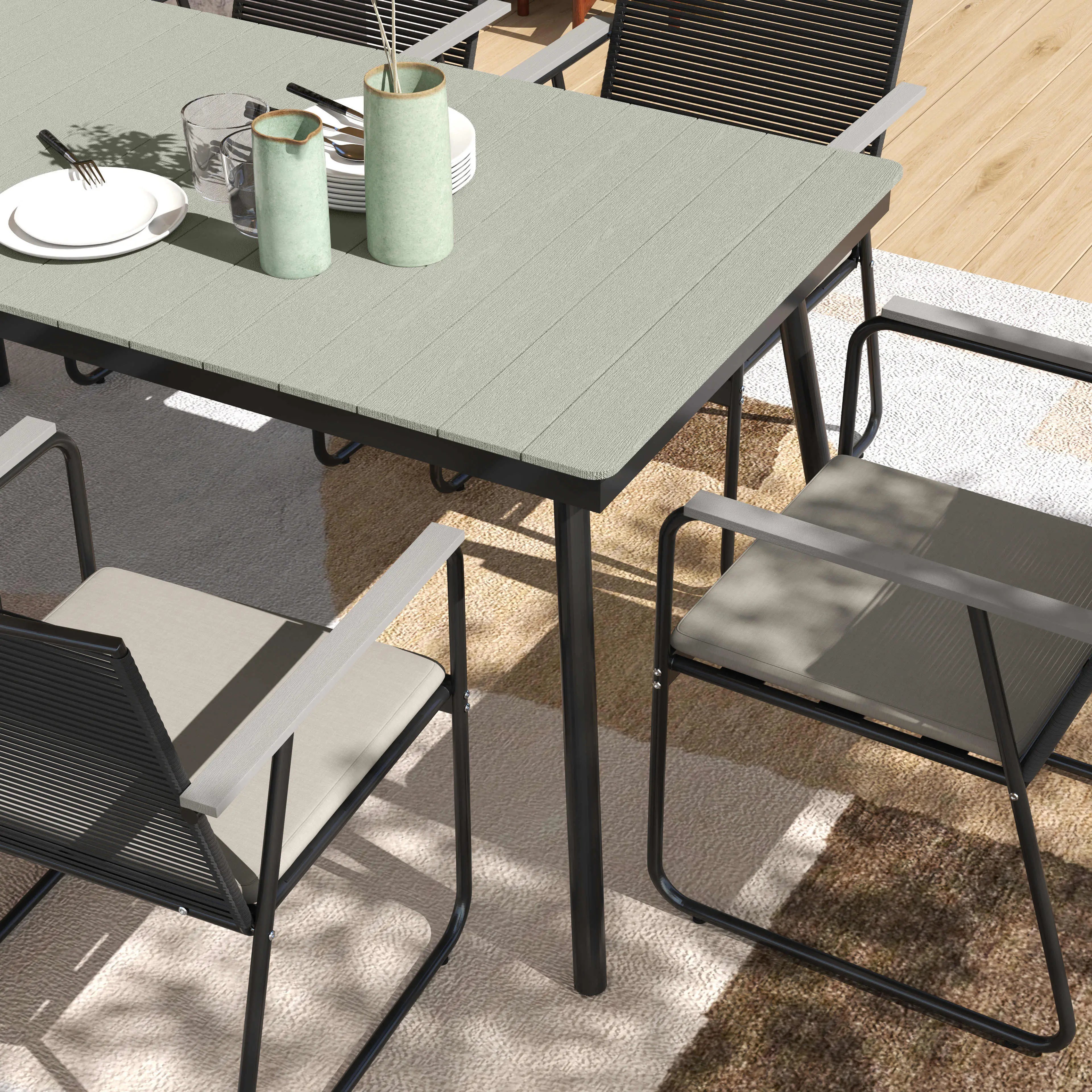 Grey 6 Seater Rattan Garden Dining Set with Cushions – Outdoor Patio Furniture with Rectangular Table