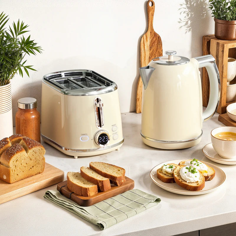 Polished Retro Cream Kettle and Toaster Set - Stylish 40-100°C Temperature Control for Modern Kitchens