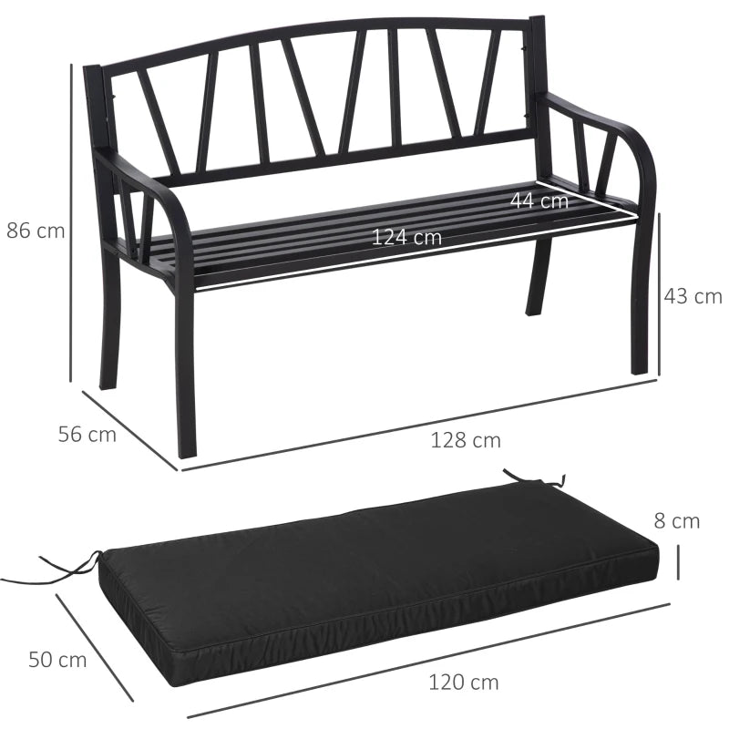 2-Seater Black Metal Garden Bench with Cushion - Slatted Outdoor Loveseat Chair with Decorative Backrest and Armrests