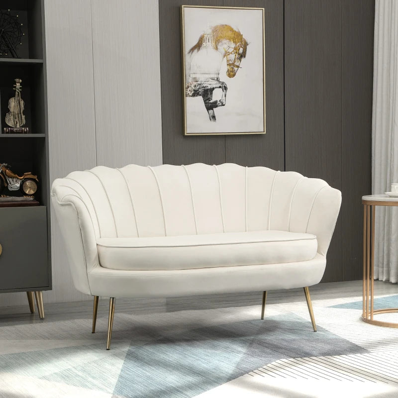 Modern Velvet Loveseat Sofa with Petal Backrest and Gold Legs for Living Room and Bedroom, Cream Colour