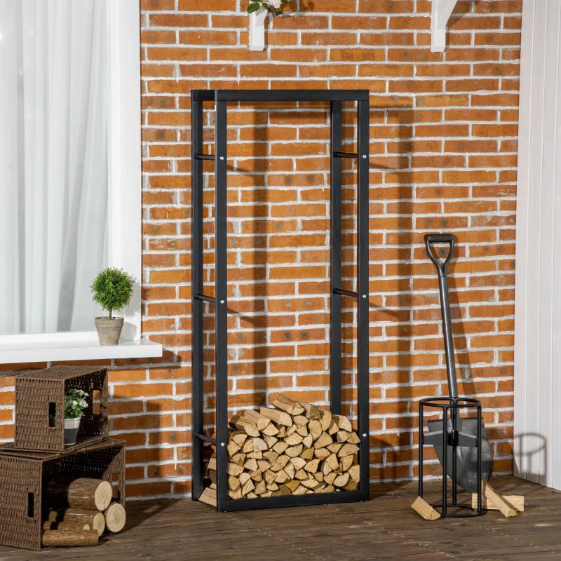 Tall Metal Firewood Log Holder Rack - Indoor/Outdoor Fireplace Wood Storage Shelf, Black, 60x25x150 cm