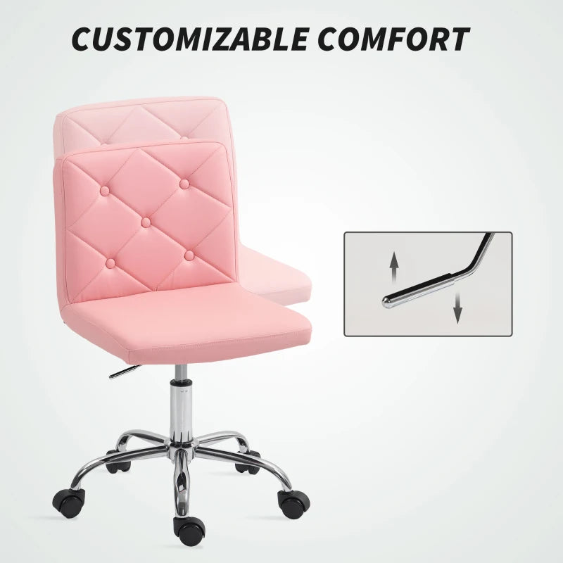 Pink PU Leather Armless Office Chair - Modern Swivel Computer Chair with Rolling Wheels & Adjustable Height for Home & Study