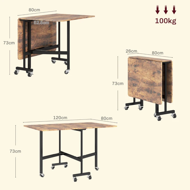 Versatile Six-Seater Drop-Leaf Dining Table on Wheels - Stylish Brown Wood-Effect for Space-Saving Dining Solutions