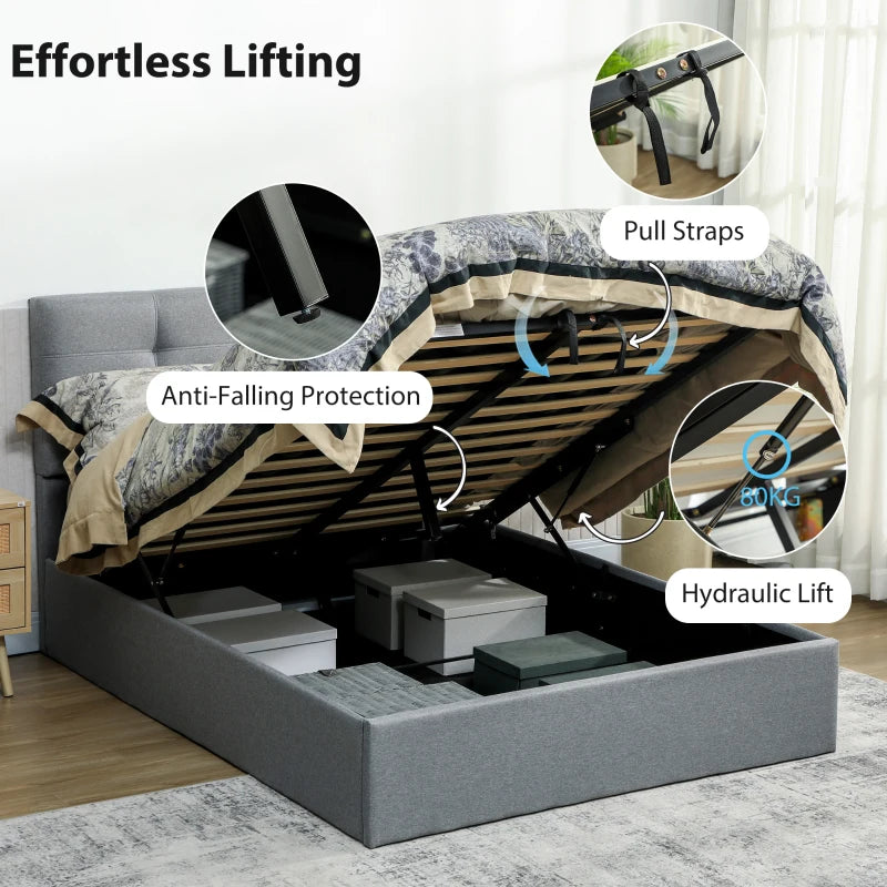 4ft6 Double Ottoman Bed with Gas Lift Storage - Stylish Grey Upholstered Design for Maximum Bedroom Storage