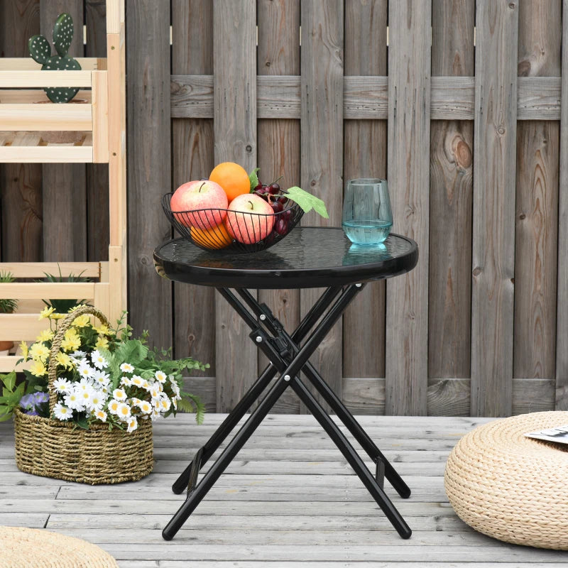 Black Round Glass Garden Folding Table with Safety Buckle