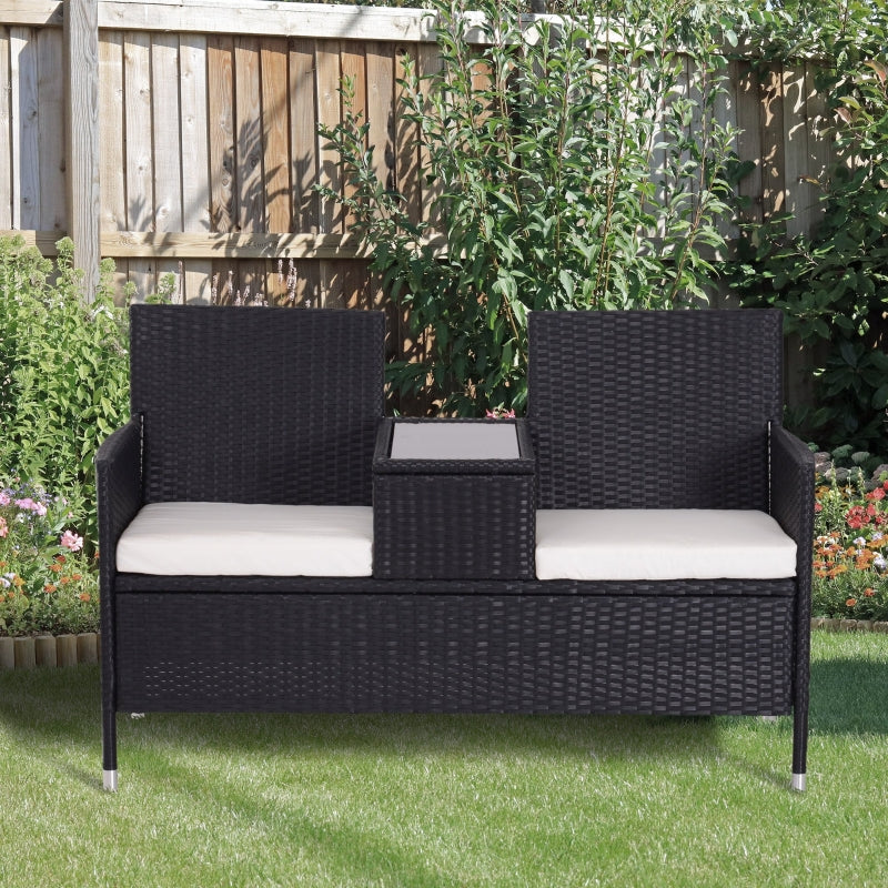 Black Rattan 2-Seater Chair Set with Middle Tea Table