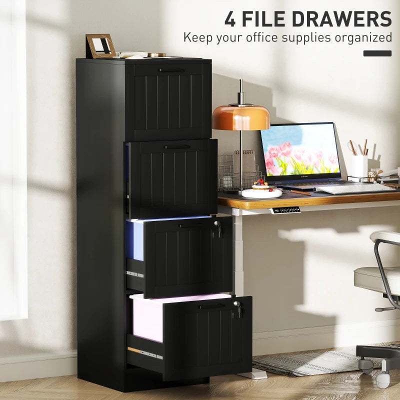 Secure 4 Drawer Filing Cabinet with Lock - Adjustable Hanging Bars for A4 Files - Stylish Black Office Storage Solution