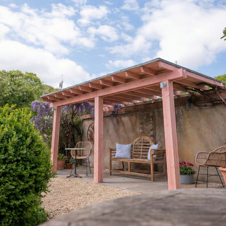 Planed Larch Lean-To Gazebo with Katepal Grey Shingle Roof
