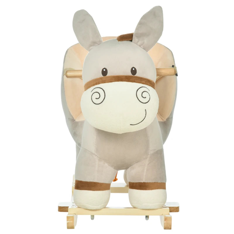 Kids Plush Rocking Horse with Sound | Safe Wooden Base Ride-On Donkey Toy for Toddlers 18-36 Months - Grey
