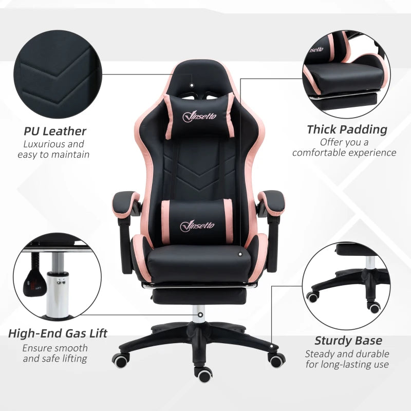 Vinsetto Gaming Chair with Footrest - PU Leather Office Desk Chair, 135° Recline, Lumbar Support, Headrest, Black & Pink