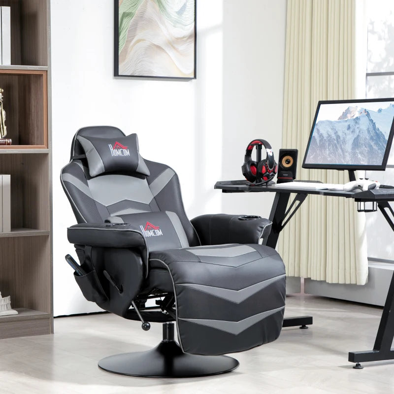 Comfortable Massage Recliner Chair with Remote Control, PU Leather, Cup Holders, Side Pockets, 360° Swivel, Grey