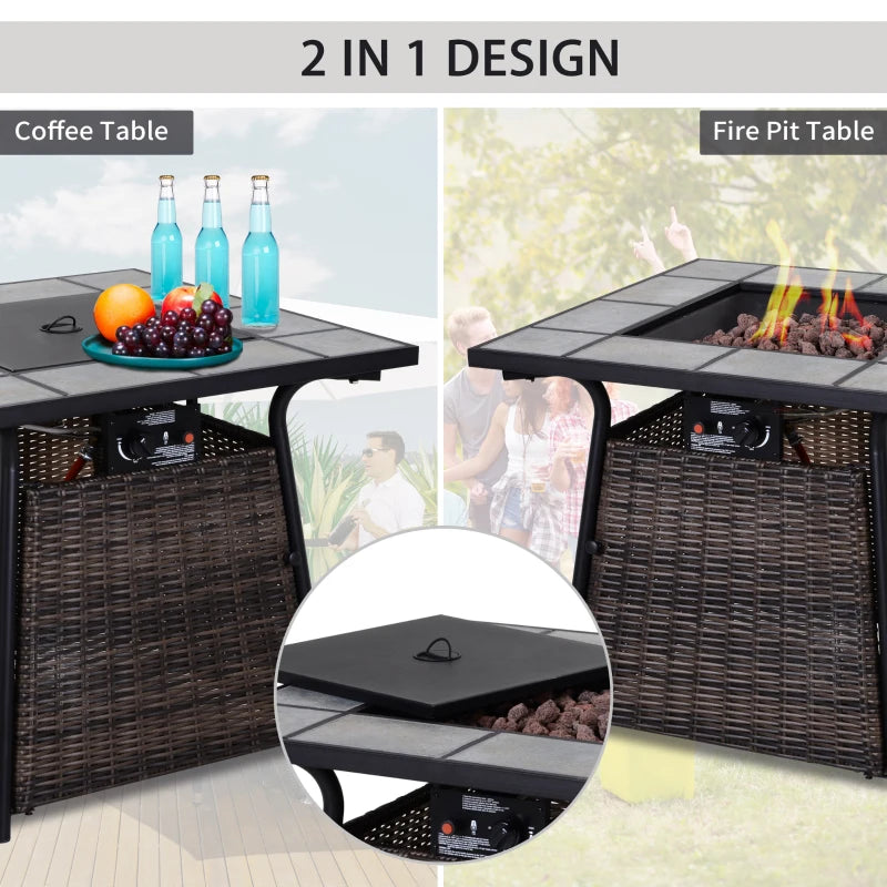 Square Slate Top Gas Fire Pit Table with Control Panel and Lava Rocks, Grey