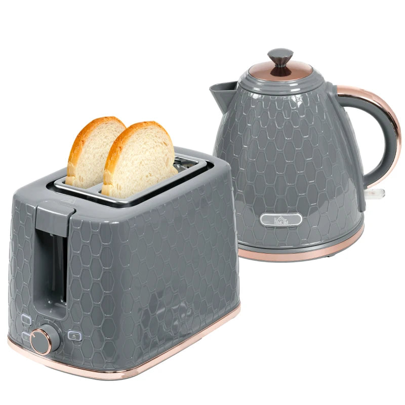 1.7L 3000W Fast Boil Kettle & 2 Slice Toaster Set - Auto Shut Off, Browning Controls, Stylish Grey Finish