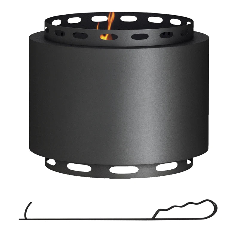 Portable Smokeless Fire Pit 48.5cm - Black Metal Wood Burning Firepit with Poker for Garden, Camping & Bonfire Parties